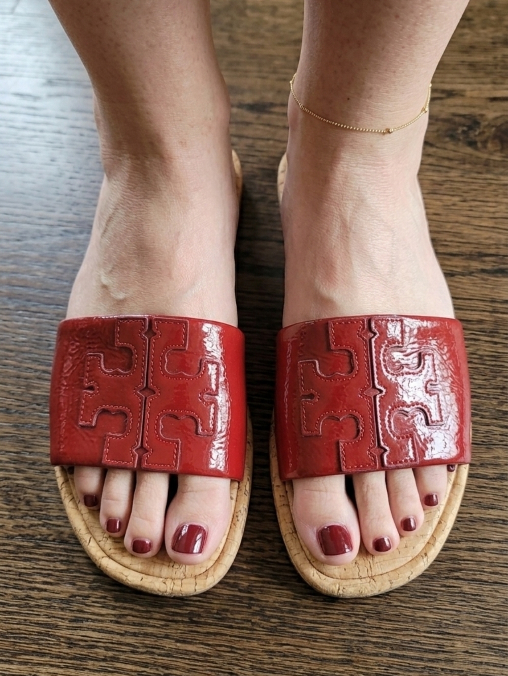 Tory Burch Double-T Sport Slides Cork Red Patent Size 9.5